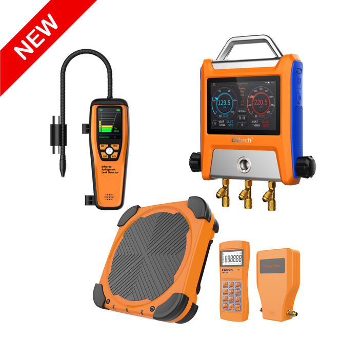 Elitech HVAC Tools Set C – ILD-300 Kältemittel-Leckdetektor & LMC-310A Kältemittelwaage & EMG-40V Digitales Verteilermessgerät & V1200 Intelligente Vakuumpumpe