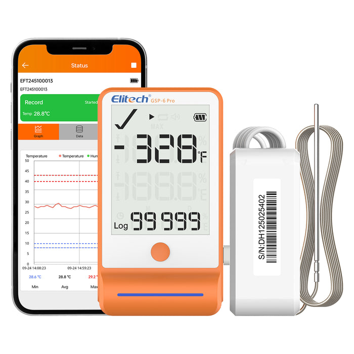 Elitech GSP-6Pro-TLE Bluetooth Ultra-low Temperature Data Logger (-200~150°C / -328~302°F), 100,000 Data Points, DDL Calibration Certificate to Audit, MAX MIN Refrigerator Fridge
