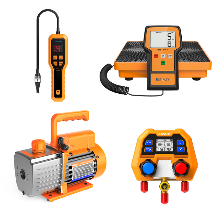 Elitech HVAC Tools Set F - Détecteur de fuite de réfrigérant ELD-270 et balance de réfrigérant LMC-100F + et kit DMG-2SE jauge de collecteur numérique et pompe à vide NVP-5