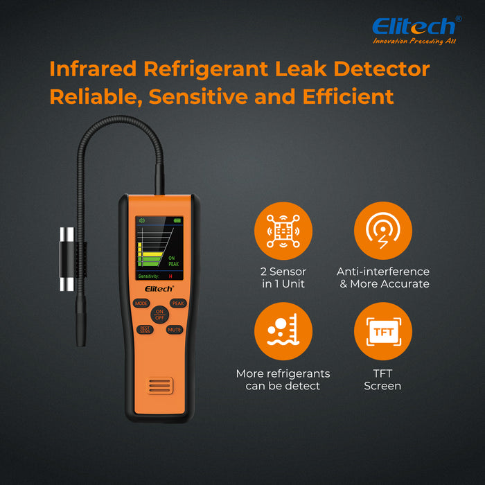 Elitech IR-200 Detector de fugas de refrigerante 2 en 1 Infrarrojo y diodo calentado Sensor dual Probador de fugas halógena de alta sensibilidad Vida útil del sensor de 10 años