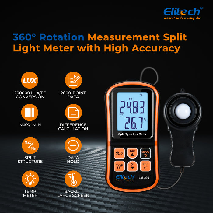 Elitech LM-200 Medidor de luz ILIMINANCIA DIGITAL ILUMINANCE Medidor de temperatura ambiente Rango de hasta 200,000 Lux, temperatura ambiente