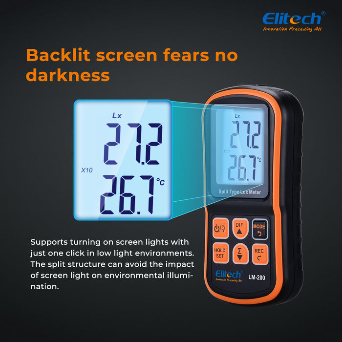 Elitech LM-200 Medidor de luz ILIMINANCIA DIGITAL ILUMINANCE Medidor de temperatura ambiente Rango de hasta 200,000 Lux, temperatura ambiente