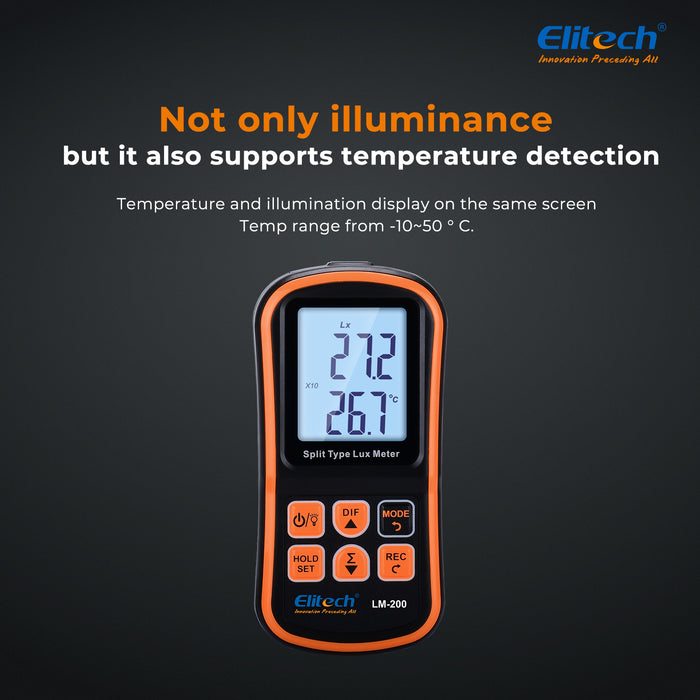 Elitech LM-200 Medidor de luz ILIMINANCIA DIGITAL ILUMINANCE Medidor de temperatura ambiente Rango de hasta 200,000 Lux, temperatura ambiente