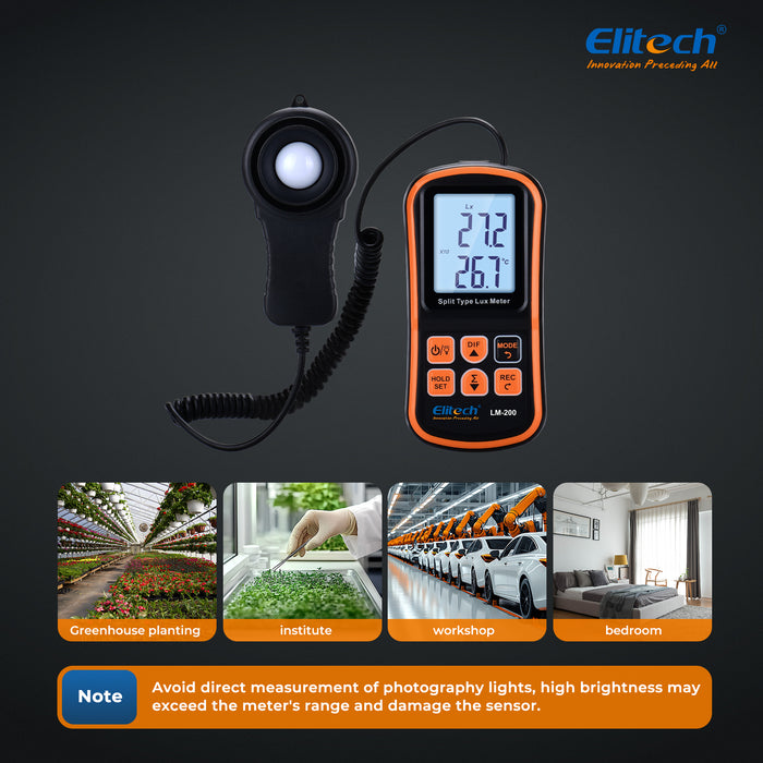 Elitech LM-200 Medidor de luz ILIMINANCIA DIGITAL ILUMINANCE Medidor de temperatura ambiente Rango de hasta 200,000 Lux, temperatura ambiente