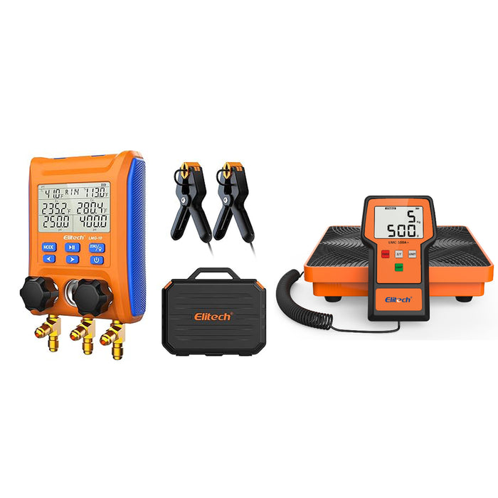 Elitech LMG-10 & LMC-100A+ Refrigeration Heat Pump Digital Manifold Gauge Set & Charging Recovery Scale 100kg, HVAC Dignostic Meter Kit