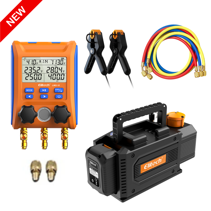 Ensemble d'outils CVC Elitech - Jauge de collecteur LMG-10Plus  &  Pompe à vide intelligente sans fil SVP-DC-pro compatible A2L