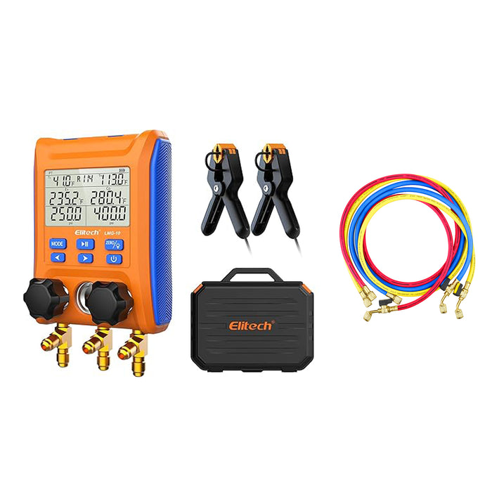 Elitech LMG-10+BVH-15SET-3 Refrigeration Heat Pump Digital Manifold Gauge Set & Charging Hoses 1/4" Ball Valve 60" 800 PSI for HVAC Systems