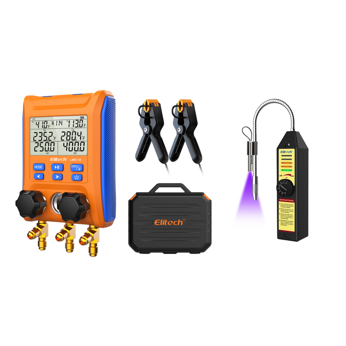 Elitech LMG-10 & WJL-6000SUV Refrigeration Heat Pump Digital Manifold Gauge Set & Leak Detector with UV LED Corona Sensor AC Halogen Gas Leaking Detection, HVAC system