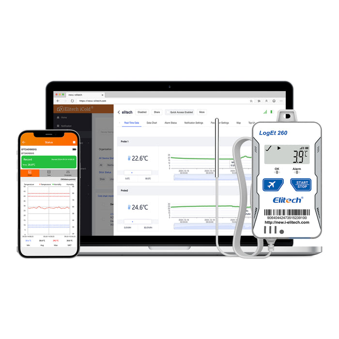 Elitech loget 260-El registrador de datos de temperatura y humedad en tiempo real reutilizable 4G con sonda externa, luz/choque/ubicación, tarjeta SIM incorporada, 100000 puntos