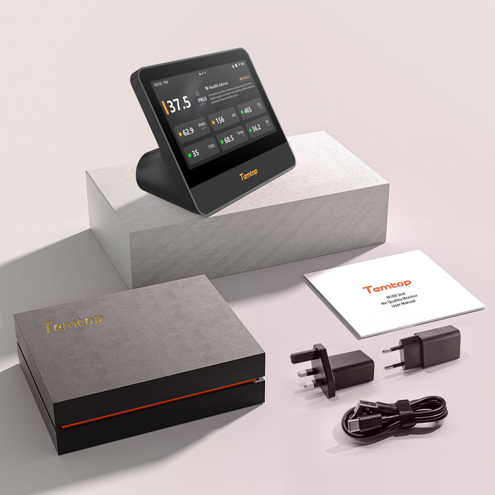 Monitor de calidad del aire WiFi Tempop M100 (2.ª generación) 7" Pantalla táctil para interiores: CO2, PM2.5, PM10, COVT, temperatura & Detector de humedad, analizador de aire inteligente para varias habitaciones con expansión LoRa