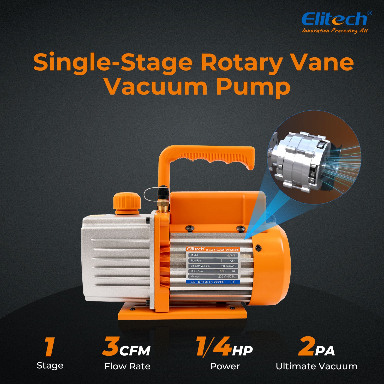 Elitech NVP-3 HVAC 220V Vacuum Pump 3CFM 1.5L/S 1/4HP Single Stage Rotary Vane Air Vacuum Pump for HVAC and Refrigeration Systems,  Durable and Easy to Maintain