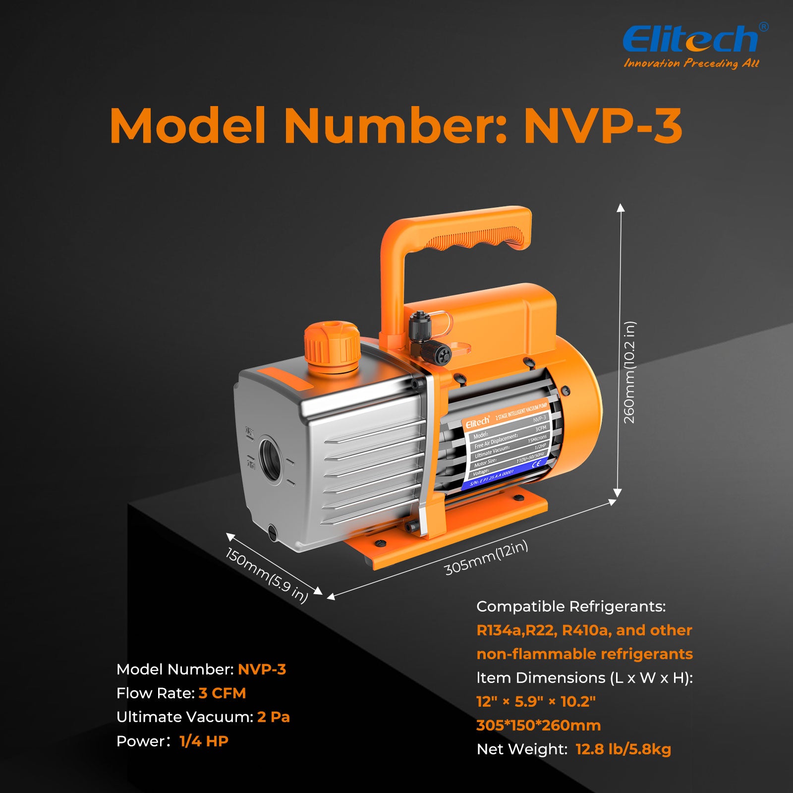 Elitech NVP-3 HVAC 220V Vacuum Pump 3CFM 1.5L/S 1/4HP Single Stage Rotary Vane Air Vacuum Pump for HVAC and Refrigeration Systems,  Durable and Easy to Maintain