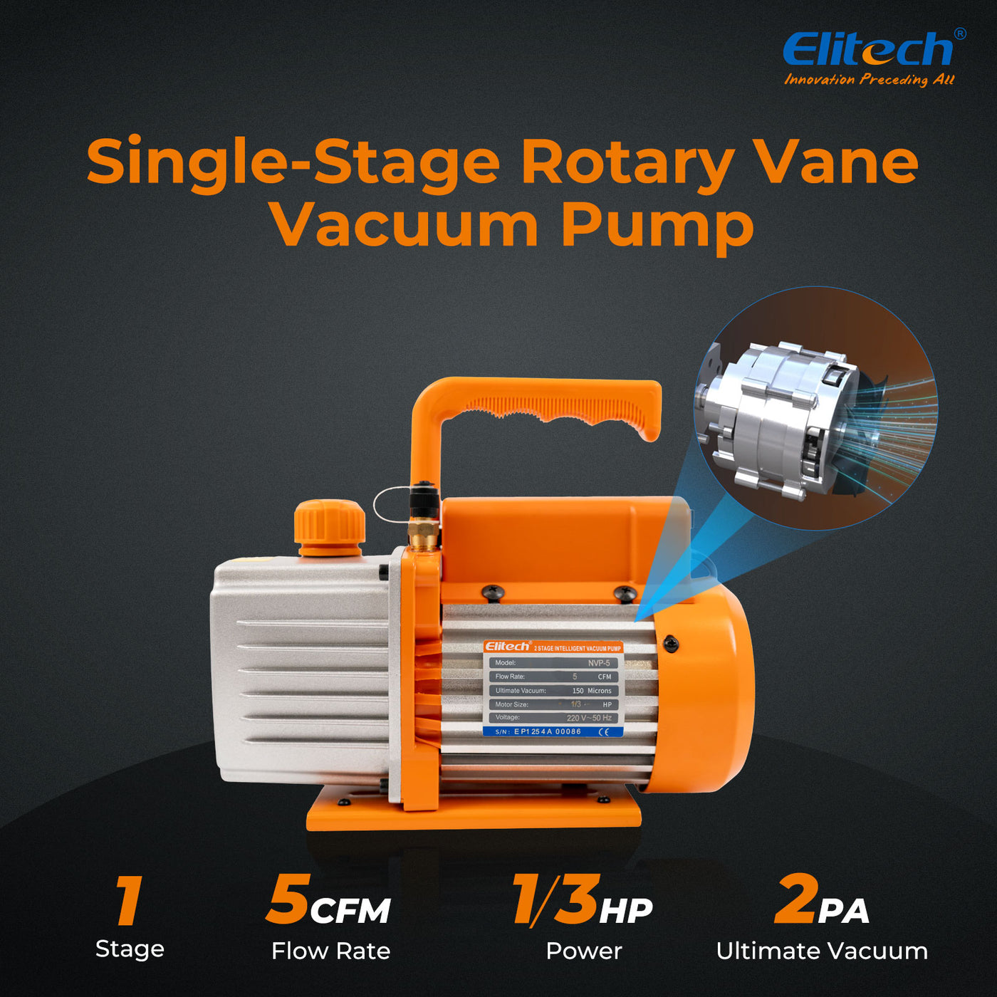 Elitech NVP-5 HVAC 220V Vacuum Pump 5CFM 2L/S 1/3HP — ElitechEU