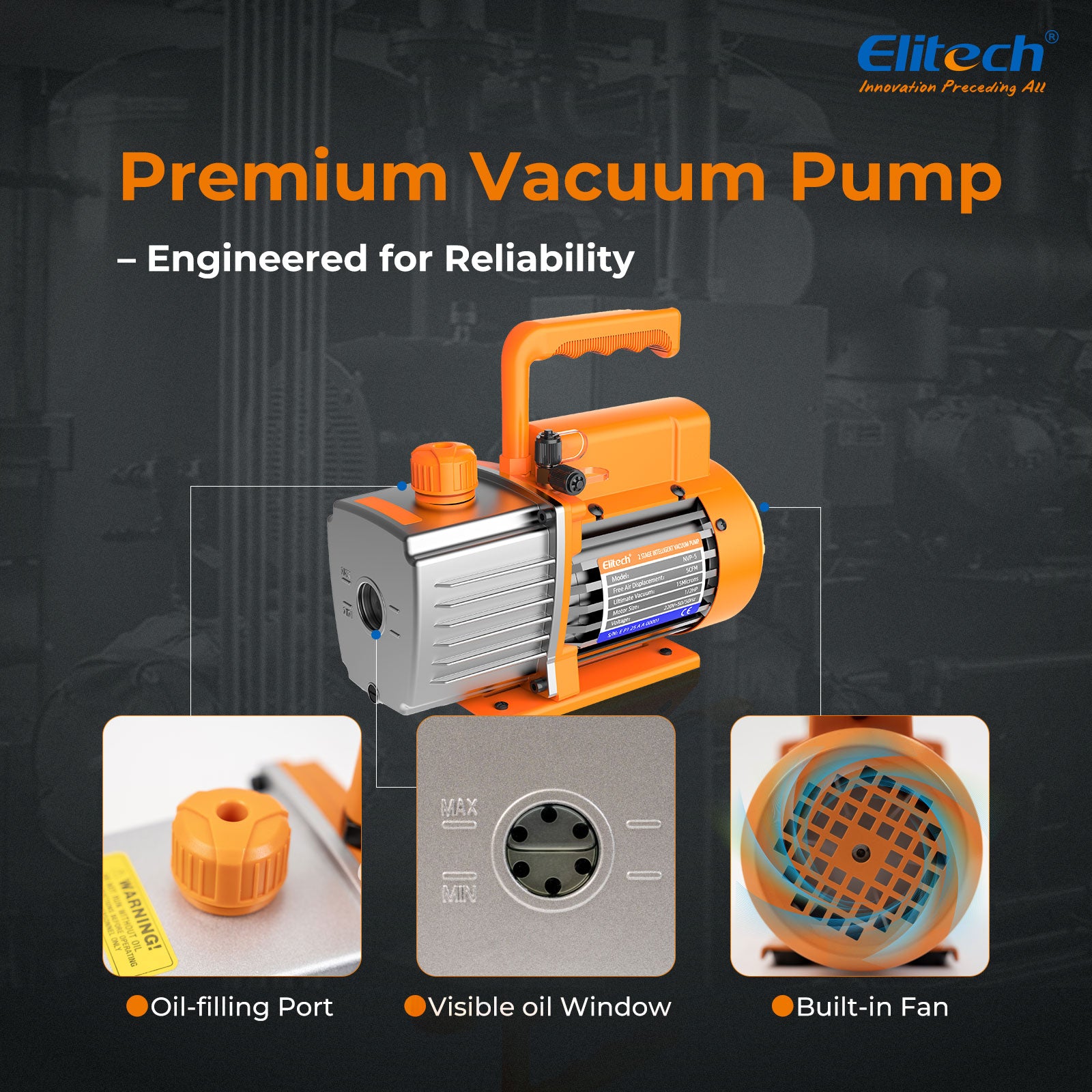 Elitech NVP-3 HVAC 220V Vacuum Pump 3CFM 1.5L/S 1/4HP Single Stage Rotary Vane Air Vacuum Pump for HVAC and Refrigeration Systems,  Durable and Easy to Maintain