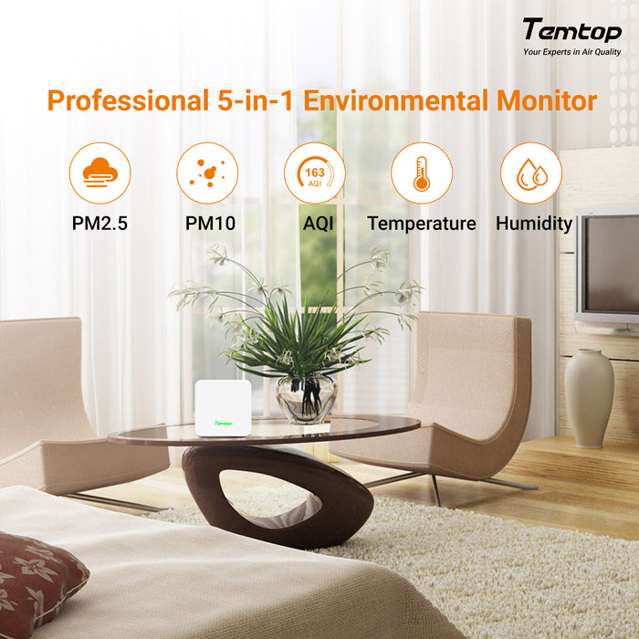 Monitor de calidad del aire TEMTOP P1-PM2.5, PM10, Temp y Humity Detector con aplicación AQI y Bluetooth en tiempo real