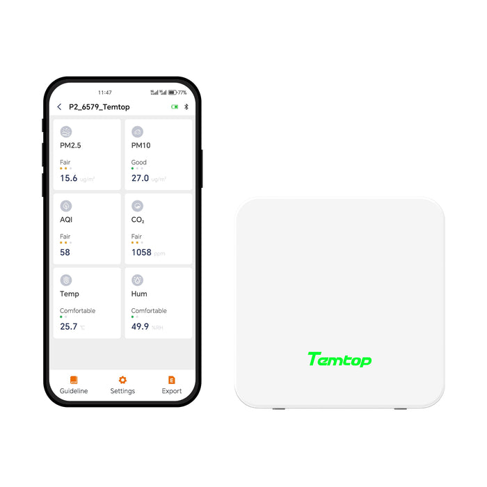 Temtop P2 Air Quality Monitor, PM2.5, PM10, CO₂, Detector de temperatura y humedad para el hogar/oficina | PM2.5 preciso, CO₂, AQI Lecturas Aplicación Bluetooth
