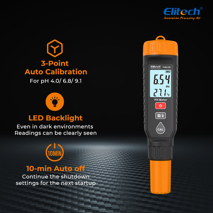 Elitech PHM-230 PH Meder con suministros de calibración, probador digital confiable para el pH, temperatura en soluciones en crecimiento, salud y rendimiento óptimos de la planta