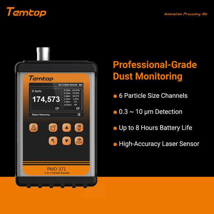 Temtop PMD 371 Monitor de aerosol Monitor de polvo contador de partículas portátil, siete salidas de números de partículas, concentraciones de cinco tipos de partículas
