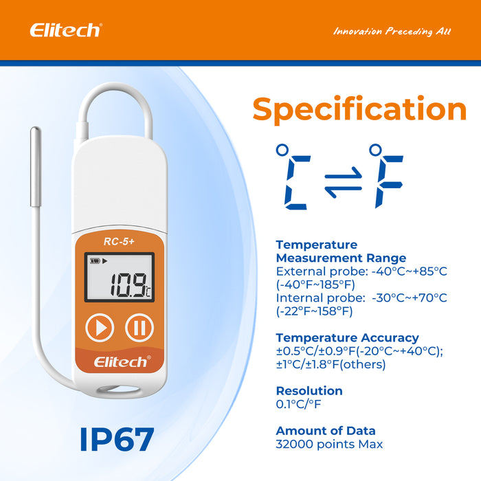 Elitech RC-5+ TE PDF USB Temperature Data Logger with External Probe -40℃~85℃