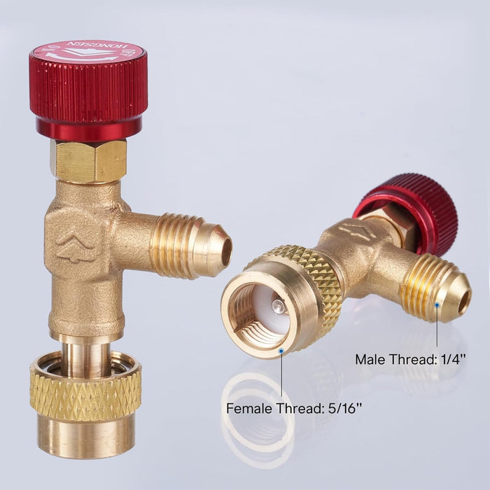 Válvula de seguridad de carga de refrigerante Elitech RCV410A R32 R410a, 1/4" Masculino a 5/16" Conectores hembra de latón de baja pérdida para colector de aire acondicionado R32 R410a