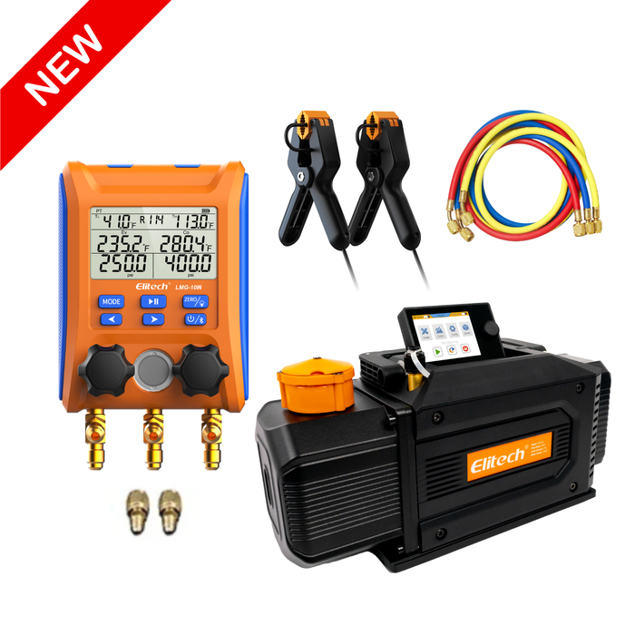 Elitech Ensemble d'outils CVC A – Détecteur de fuite de réfrigérant LD-100+, balance de réfrigérant LMC-100F+, jauge de collecteur numérique DMG-4B et pompe à vide intelligente SVP-7