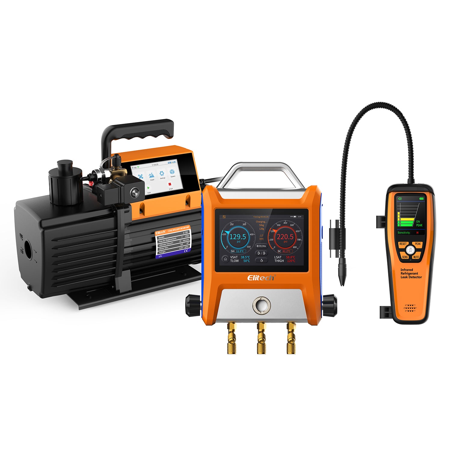 Elitech HVAC Tools Set B - ILD-200 Refrigerant Leak Detector & EMG-20V Intelligent Digital Manifold & V700 Intelligent Vacuum Pump