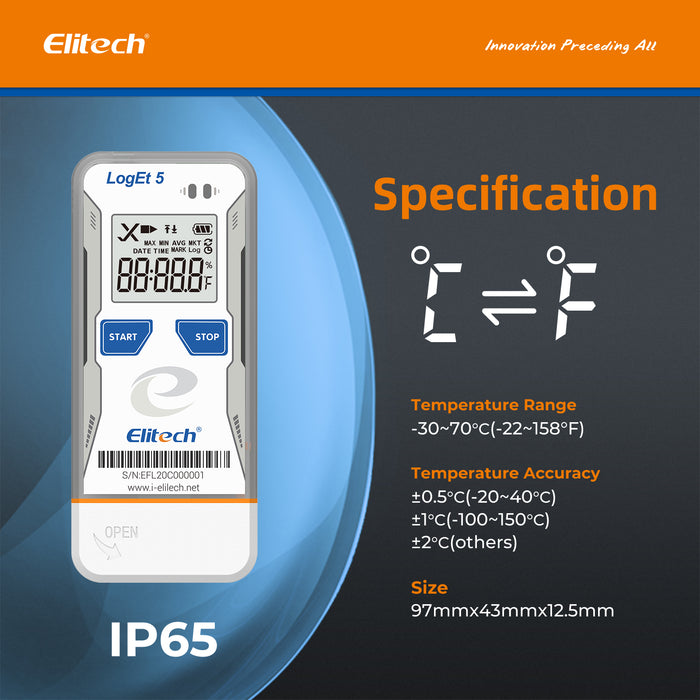 Elitech LogEt 5B Series Bluetooth Temperature Humidity Data Logger Reusable Recorder with Shadow Data, Auto PDF/ CSV Report, 32000 Points