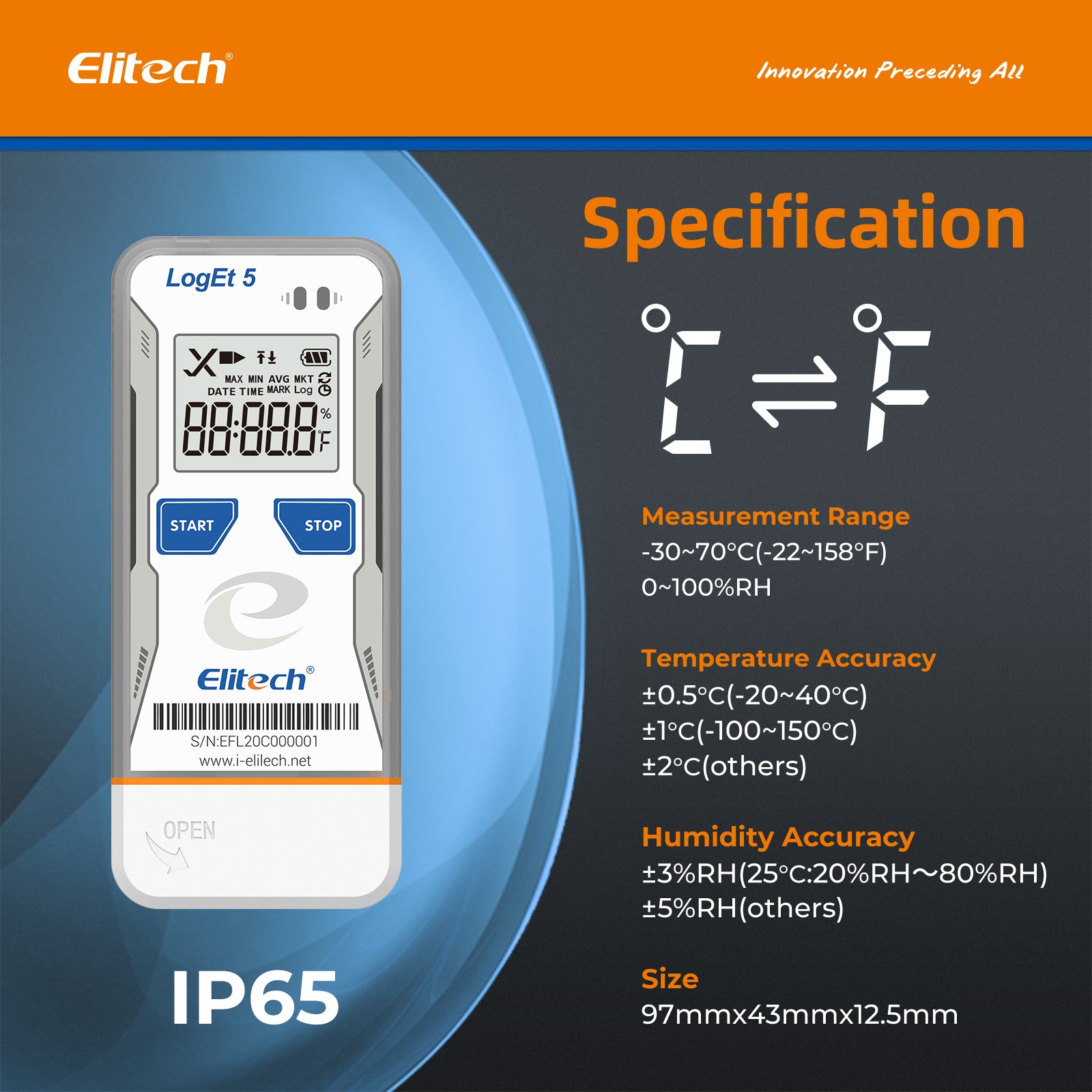 Elitech LogEt 5B Series Bluetooth Temperature Humidity Data Logger Reusable Recorder with Shadow Data, Auto PDF/ CSV Report, 32000 Points