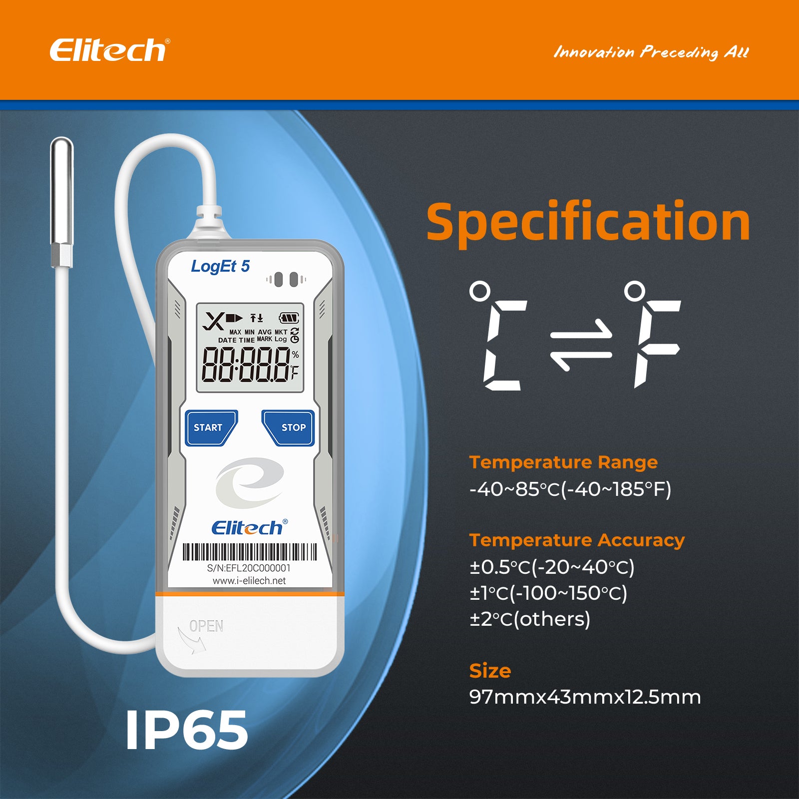 Elitech LogEt 5 THE Temperature and Humidity Data Logger Reusable Recorder with External Probe, Shadow Data, Auto PDF/ CSV Report, 32000 Points