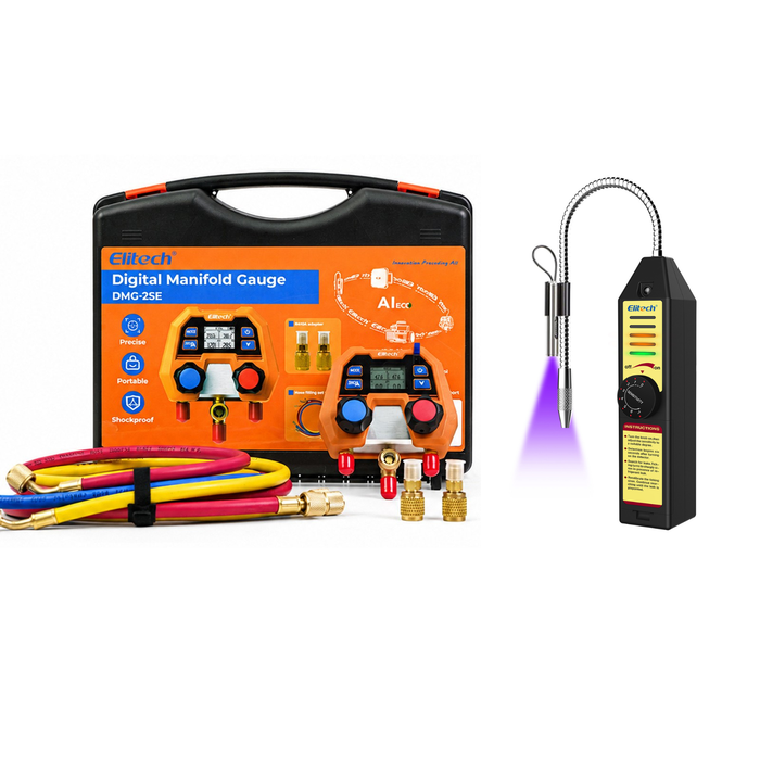 Elitech DMG-2SE-kit Digital Manifold Gauge for HVAC, Refrigeration & AC Systems – Pressure & Temperature Measurement, LCD Display with Hoses