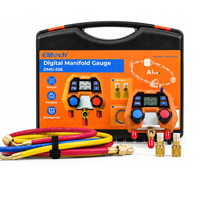 Elitech DMG-2SE-kit Digital Manifold Gauge for HVAC, Refrigeration & AC Systems – Pressure & Temperature Measurement, LCD Display with Hoses
