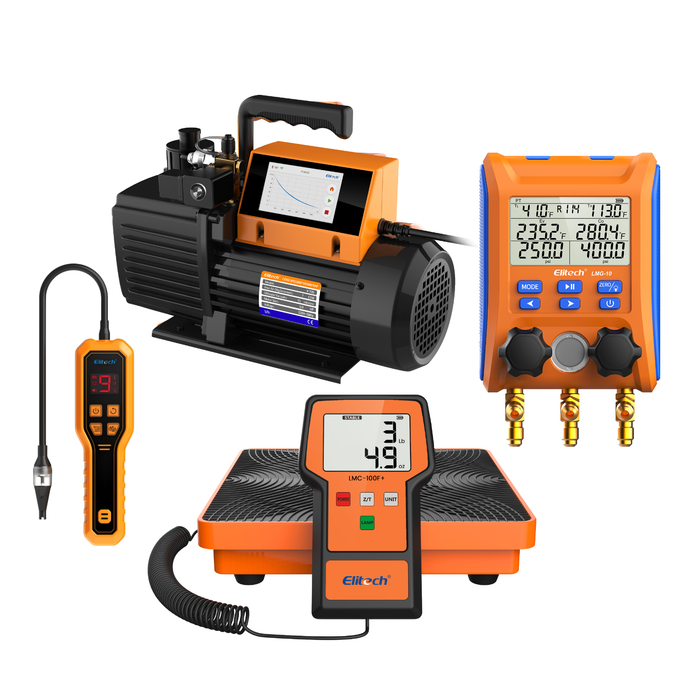 Elitech HVAC Tools Set A - Detector de fugas de refrigerante LD-100+ y báscula de refrigerante LMC-100F+ y medidor de colector digital DMG-4B y bomba de vacío inteligente SVP-7