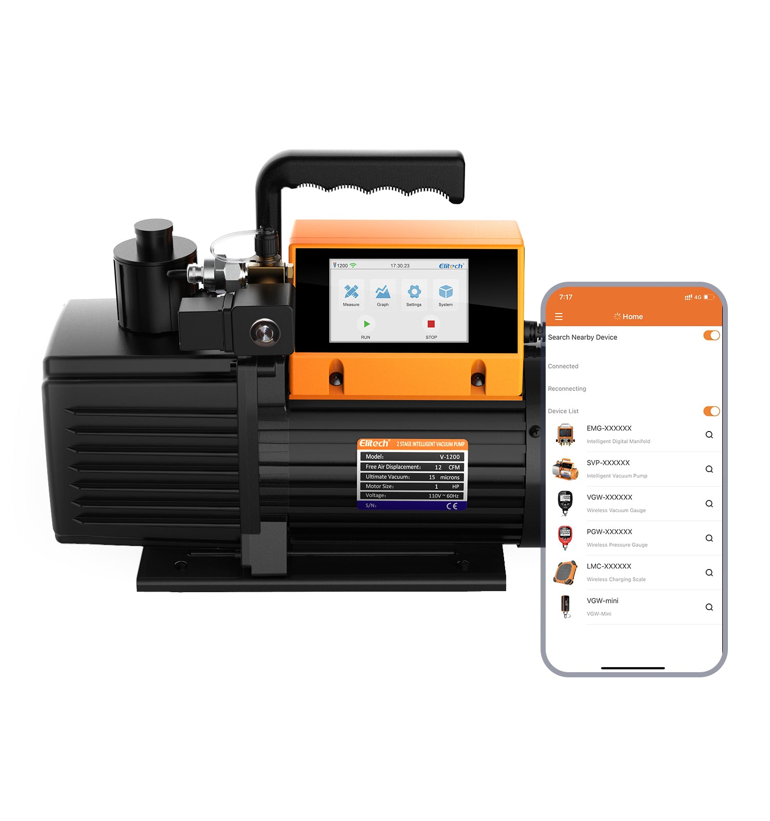 Elitech V1200 220V Intelligent 2-Stage Vacuum Pump 12CFM, 5L/S, APP Control, Data Logging, Smart Control, HVAC Refrigerator Heat Pump Service Tool (oil is not included)