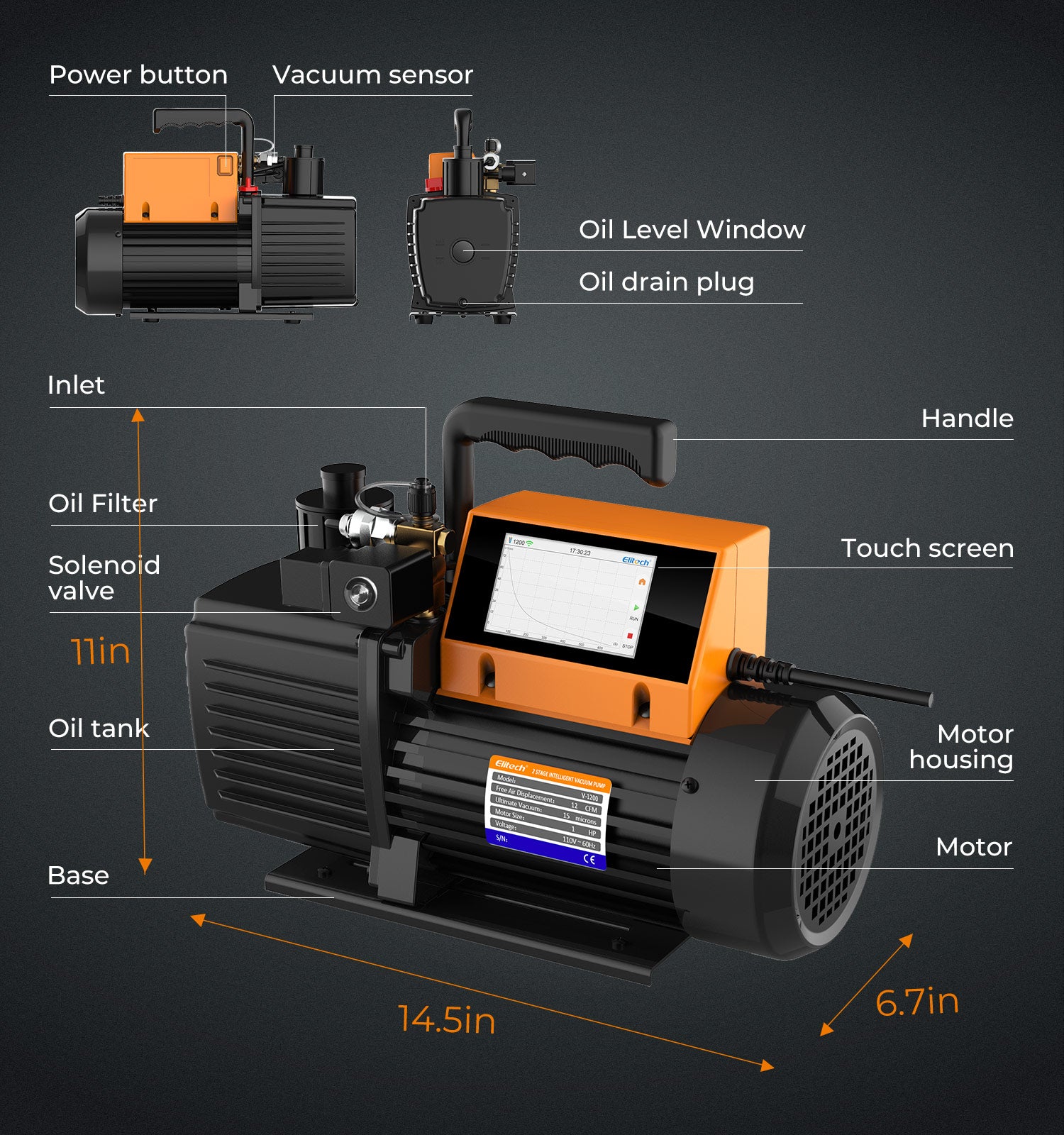 Elitech V1200 220V Intelligent 2-Stage Vacuum Pump 12CFM, 5L/S, APP Control, Data Logging, Smart Control, HVAC Refrigerator Heat Pump Service Tool (oil is not included)