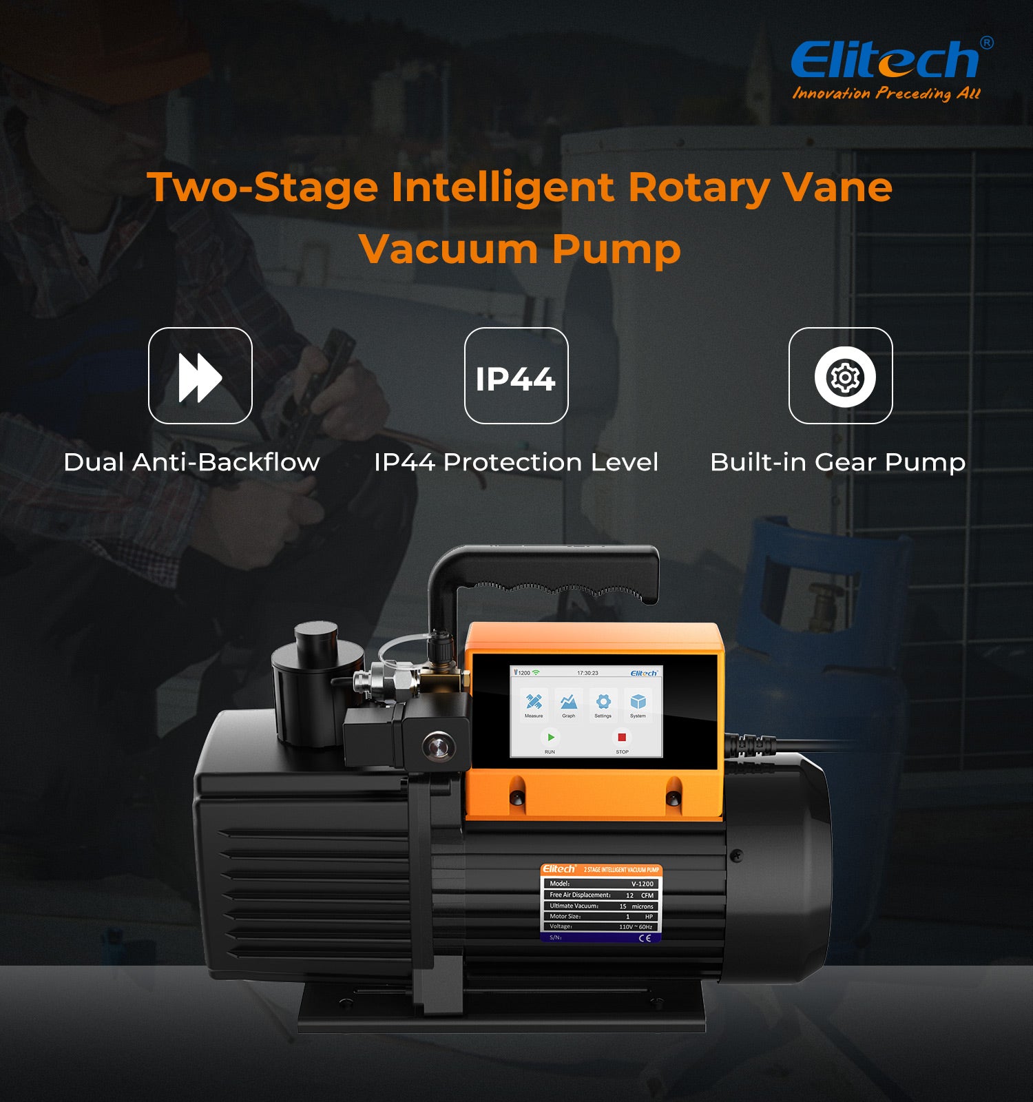 Elitech V1200 220V Intelligent 2-Stage Vacuum Pump 12CFM, 5L/S, APP Control, Data Logging, Smart Control, HVAC Refrigerator Heat Pump Service Tool (oil is not included)