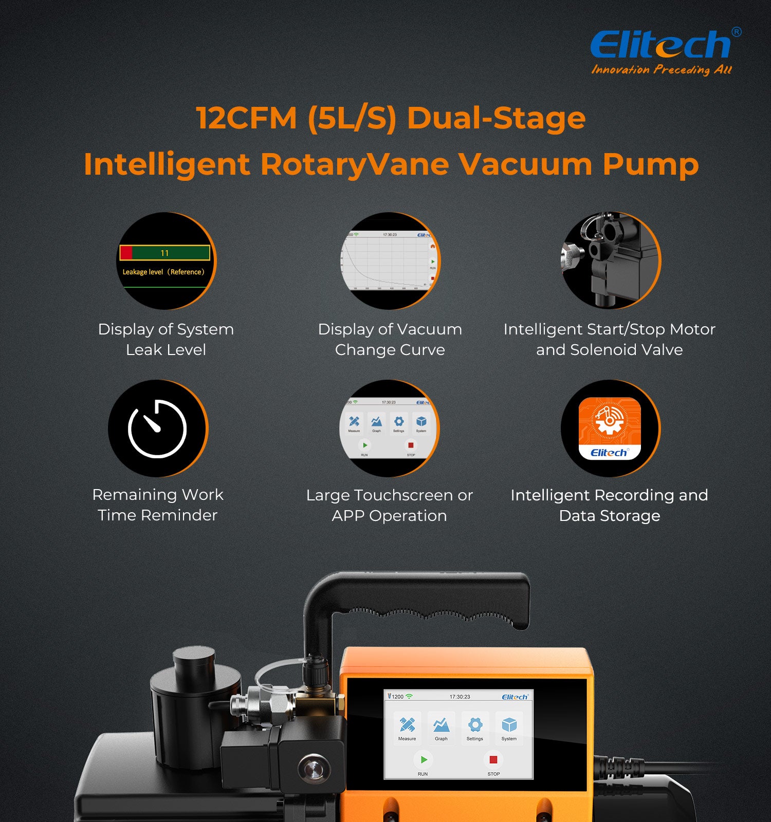 Elitech V1200 220V Intelligent 2-Stage Vacuum Pump 12CFM, 5L/S, APP Control, Data Logging, Smart Control, HVAC Refrigerator Heat Pump Service Tool (oil is not included)