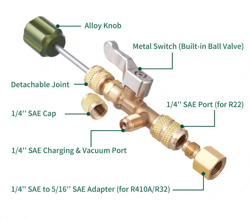 Elitech VCRT-1 Valve Core Removal Installer Tool, AC Schrader Valve Tool with Dual Size SAE 1/4 and 5/16 Port Brass Adapter Compatible with R22 R12 R410 R32 R404 R407 with Valve Cores and Removal Tool