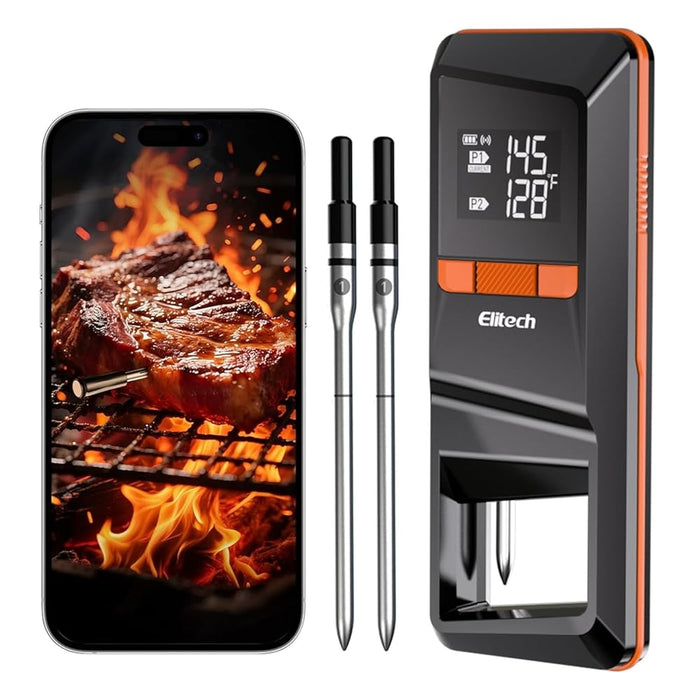 Elitech WMT-20 termómetro de carne inteligente inalámbrica, termómetro Bluetooth de doble sonda con pantalla LCD y aplicación Togrill, para horno, barbacoa, cocina y cocción al aire libre