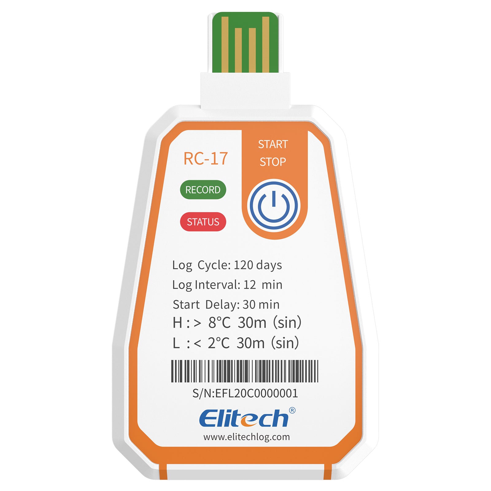 Elitech RC-17 Disposable Single-Use Temperature Recorder Data Logger USB PDF Report 2-Color Indicator