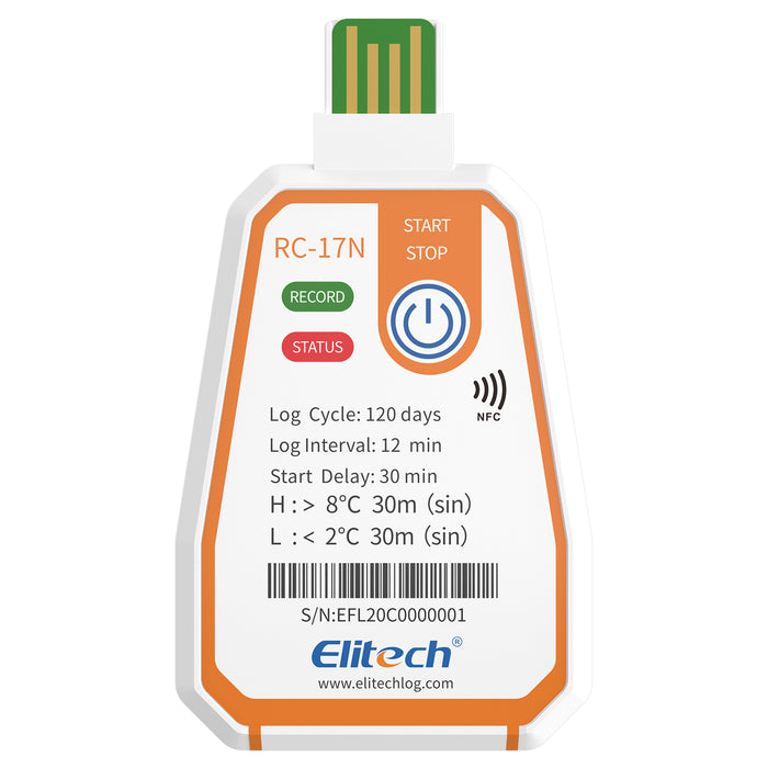 Elitech RC-17N Registratore di temperatura NFC monouso usa e getta Registratore di dati Rapporto PDF USB Indicatore a 2 colori