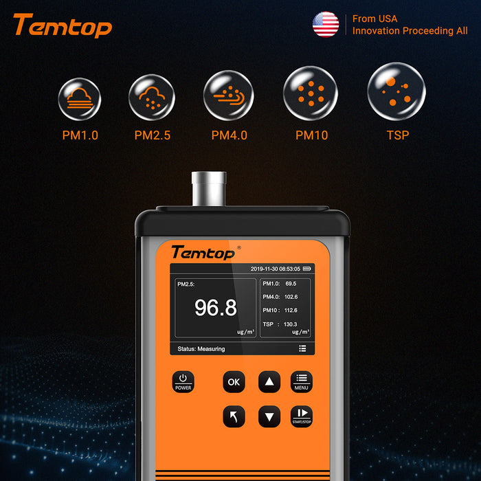 Temtop PMD 351 Compteur de particules portatif pour moniteur d'aérosols, PM1.0, PM2.5, PM4.0, PM10, moniteur TSP, avec type de communication USB ou RS-232