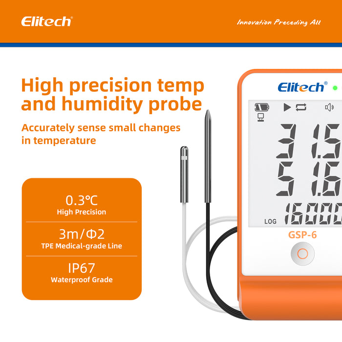 Elitech GSP-6 Datenlogger für Temperatur und Luftfeuchtigkeit, 16.000 Punkte, zwei Sensoren, großes LCD-Display, vielseitig einsetzbar