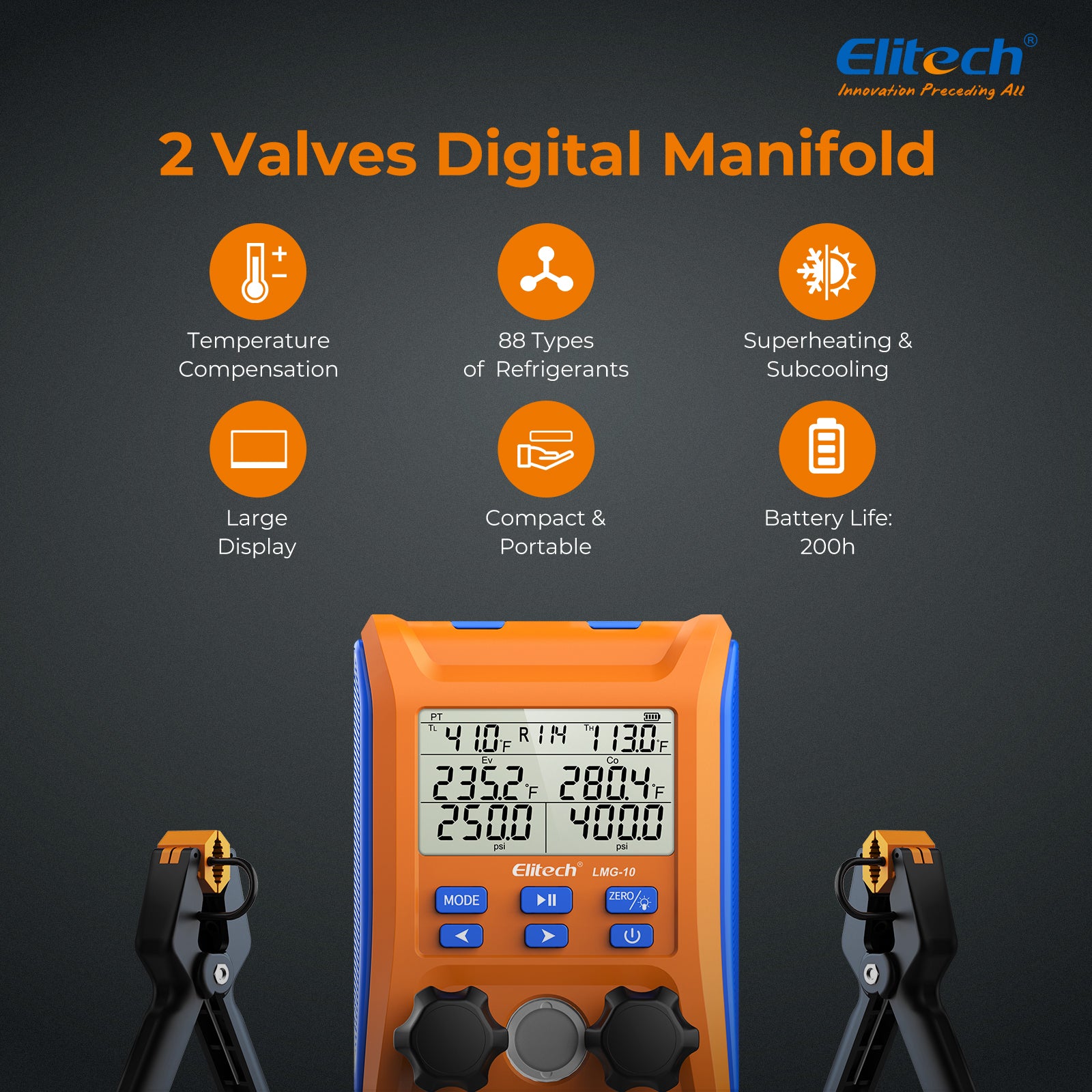 Elitech LMG-10 Refrigeration Heat Pump Digital Manifold Gauge Set, High-Precision Pressure Temperature Vacuum Leakage Tester Dignostic Meter Kit