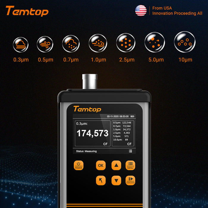 Temtop PMD 331 Monitor per aerosol Contatore di particelle portatile Monitor per polvere, sette canali per uscite
