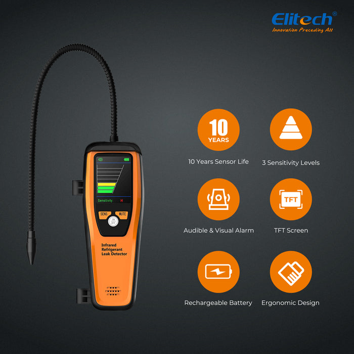 Detector electrónico de fugas de refrigerante Elitech ILD-100 HVAC, detector de fugas de freón, sensor infrarrojo de hasta 10 años de vida útil, 4 g/año