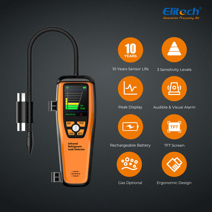 Elitech ILD-300 Detector electrónico de fugas de refrigerante HVAC, detector de fugas de freón, sensor infrarrojo de hasta 10 años de vida útil, 4 g/año, selección de gas