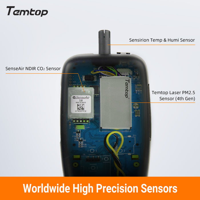 Temtop M2000C 2nd CO2 Monitor de calidad del aire para CO2 PM2.5 PM10 Detector de partículas Temperatura Humedad Pantalla Alarma de audio Curva de grabación, Exportación de datos