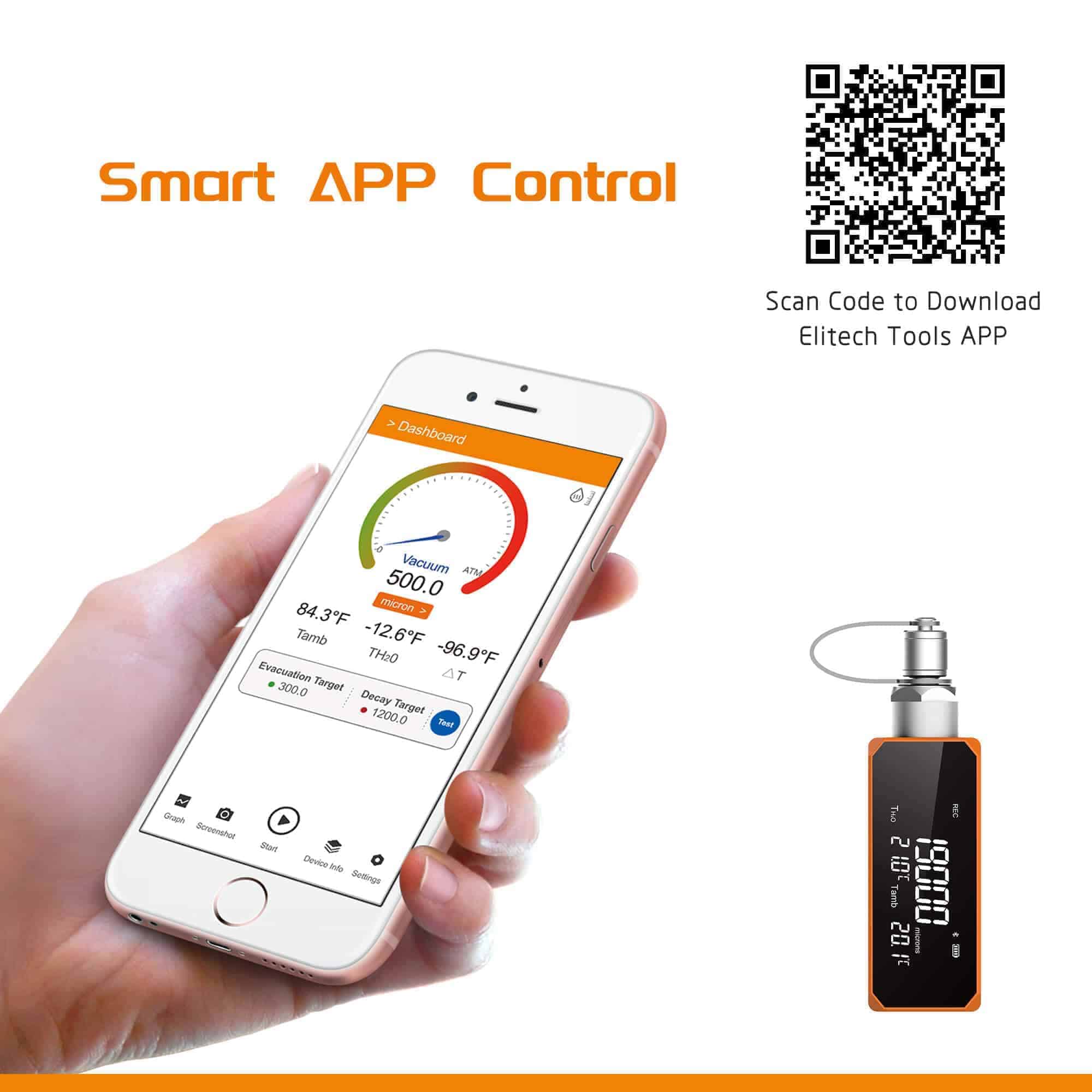 Elitech VGW-mini Wireless Micron Gauge 1~19,000 Microns, Digital Vacuum Gauge for HVAC and automotive 1/4