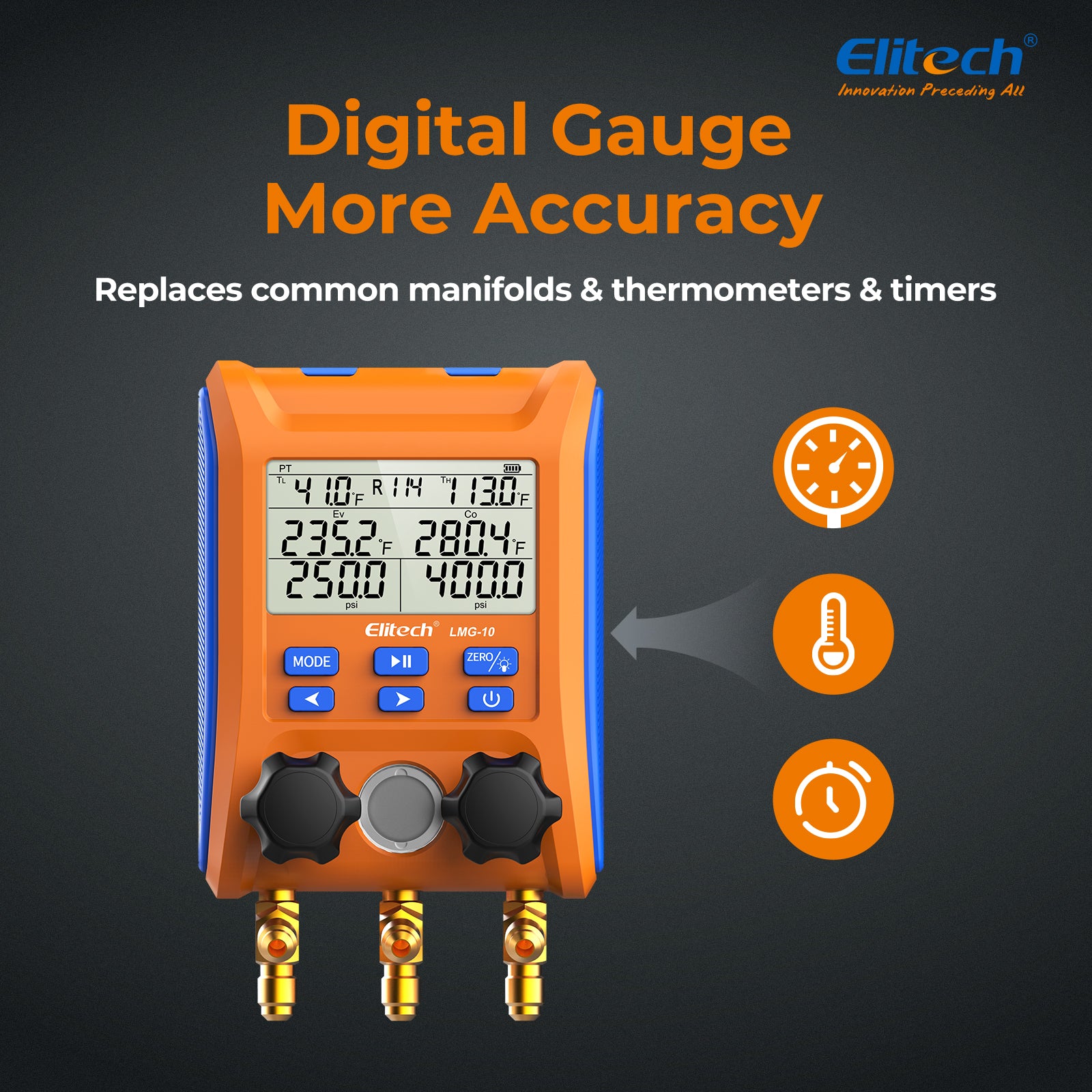 Elitech LMG-10 Refrigeration Heat Pump Digital Manifold Gauge Set, High-Precision Pressure Temperature Vacuum Leakage Tester Dignostic Meter Kit
