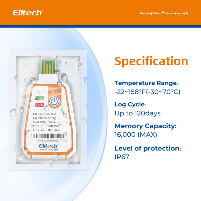 Elitech RC-17 Enregistreur de température jetable à usage unique Enregistreur de données Rapport USB PDF Indicateur bicolore